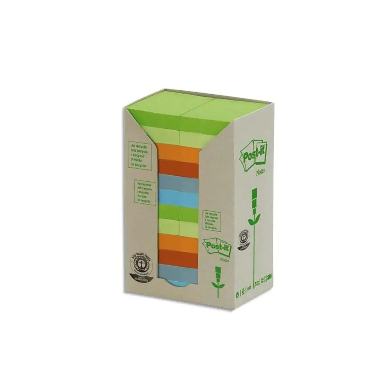 POST-IT Tour 24 blocs 100feuilles. 3,8x5,1cm 100% recyclé. Coloris assortis GrisBleuvert clairvert mousse Marque